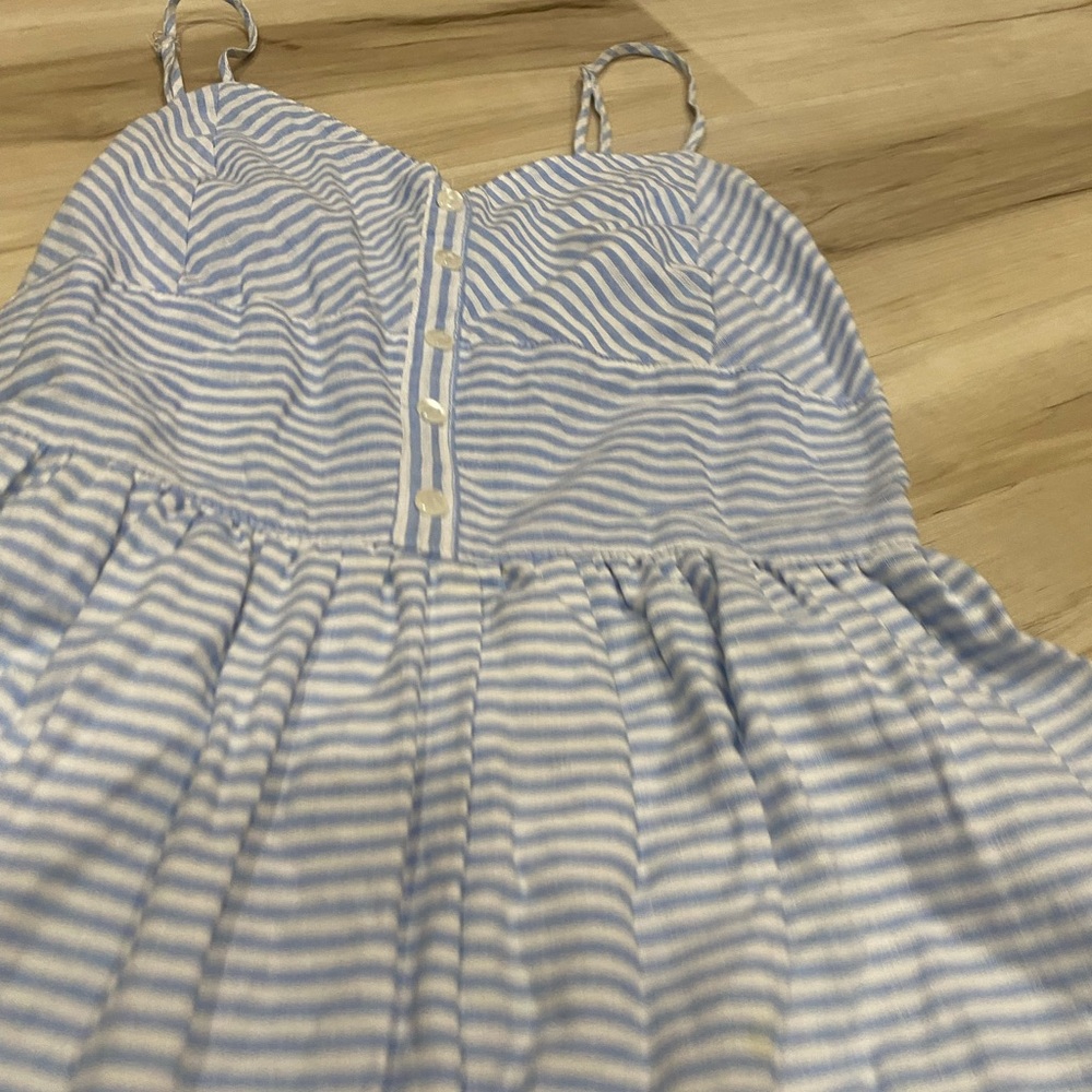 Love Notes Blue Striped Babydoll Mini Dress Button Front Smocked Back S 0191 - Picture 3 of 6